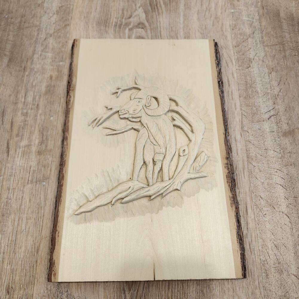 Hand Carved Wooden Plaque Rustic Ram Big Horn Sheep Raw Edge Folk Art Wall Decor